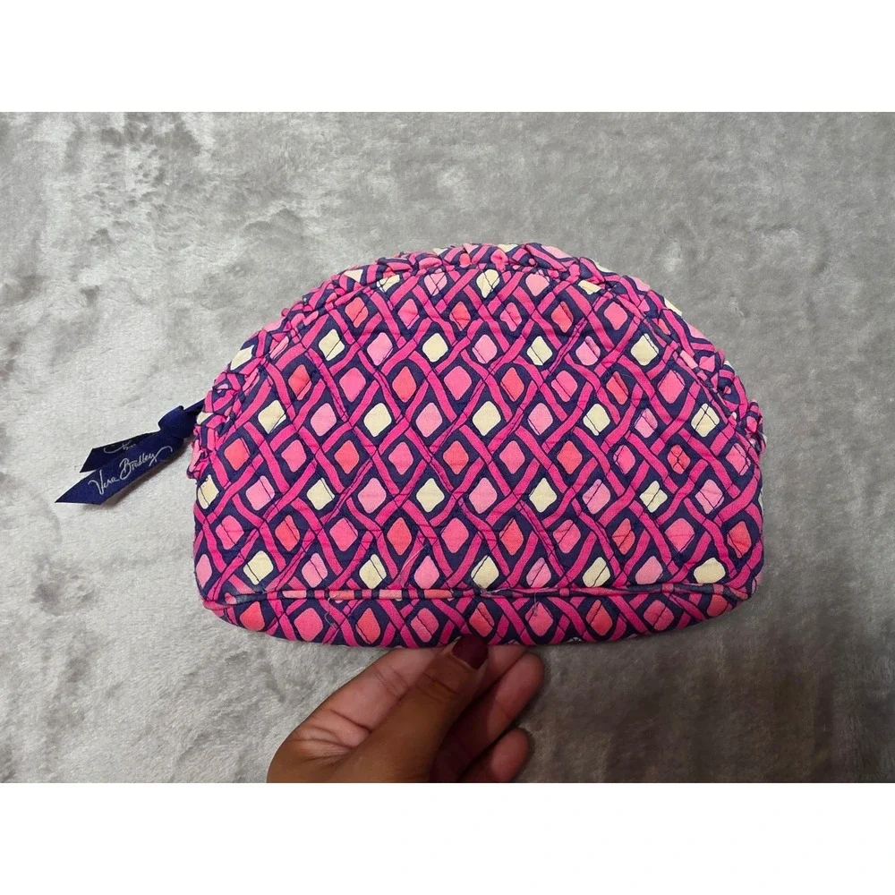 Vera Bradley Pink Navy Geometric Quilted Cotton Dome Cosmetic Makeup Bag Pouch